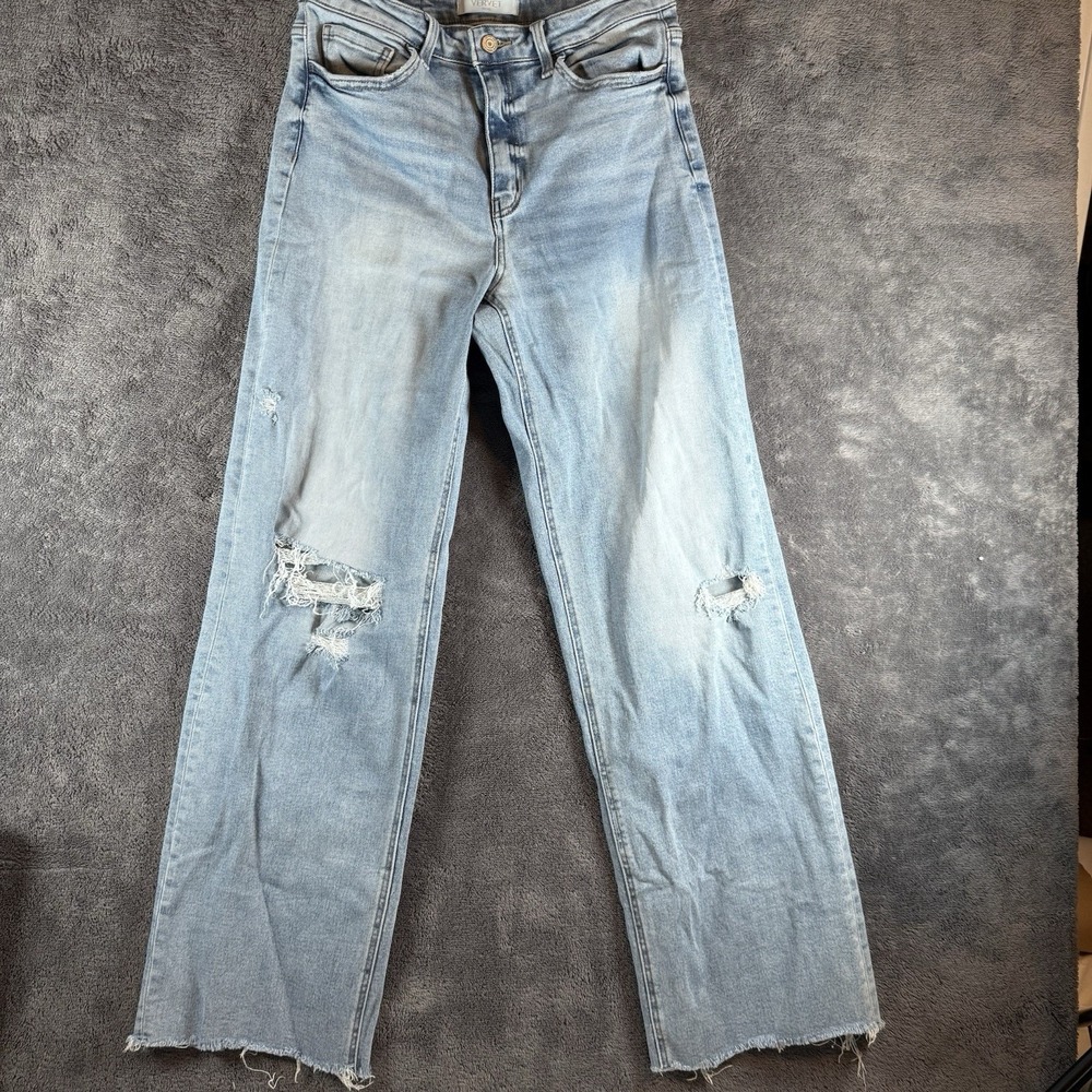 Vervet Women's Distressed Raw Hem Light Blue Denim Jeans Button Zip 5-Pocket